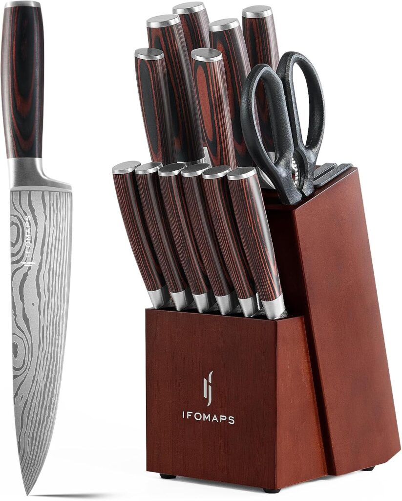 15-Piece Knife Set with Block for Kitchen, with Built-In Sharpener, Stainless Steel Ultra Sharp Blades, Ergonomic Pakkawood Handle, Essentials Chef Knives Set