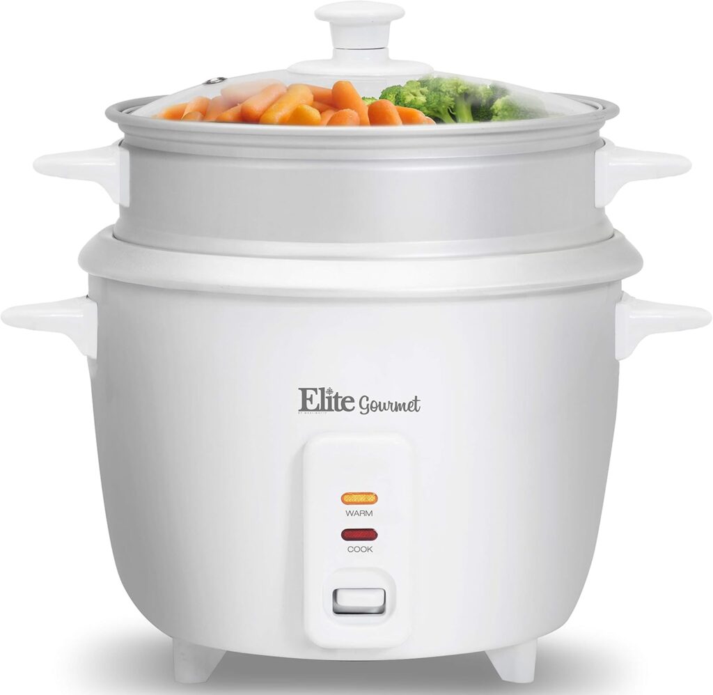 Maxi-Matic Elite Gourmet ERC-003ST Electric Rice Cooker & Steamer w/Automatic Keep Warm Makes Soups, Stews, Grains, Cereals, 6 Cooked (3 Cups Uncooked), 6 Cups Cups), White