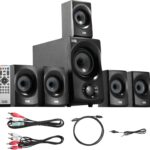 Acoustic Audio AA5172 700W Bluetooth Home Theater 5.1 Speaker System with FM Tuner, USB, SD Card, Remote Control, Powered Sub (6 Speakers, 5.1 Channels, Black with Gray)
