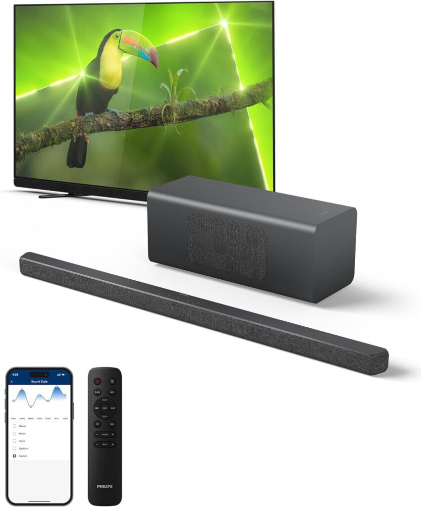 PHILIPS B6309 2.1 Channel Soundbar with Wireless Subwoofer,3D Surround Sound with DTS Virtual:X & Dolby Atmos,Easy Setup with Roku TV Ready™,APP or Remote Control,HDMI eARC,Slim Design,Dark Grey
