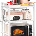 PUSDON Microwave Oven Rack, Adjustable Shelf Organizer 3-Tiers with 3 Hooks, & 160lbs Capacity for Kitchen Counter, White
