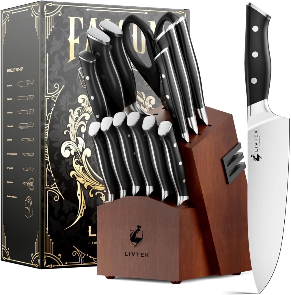 Livtek Knife Set with Block – Kitchen Knife Set German High-Carbon Stainless Steel with Built-in Sharpener – Full Tang, Triple-Rivet Ergonomic Handle – Holiday Gift Idea – 15-Piece, Falcon Series.
