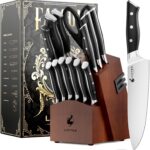 Livtek Knife Set with Block – Kitchen Knife Set German High-Carbon Stainless Steel with Built-in Sharpener – Full Tang, Triple-Rivet Ergonomic Handle – Holiday Gift Idea – 15-Piece, Falcon Series.