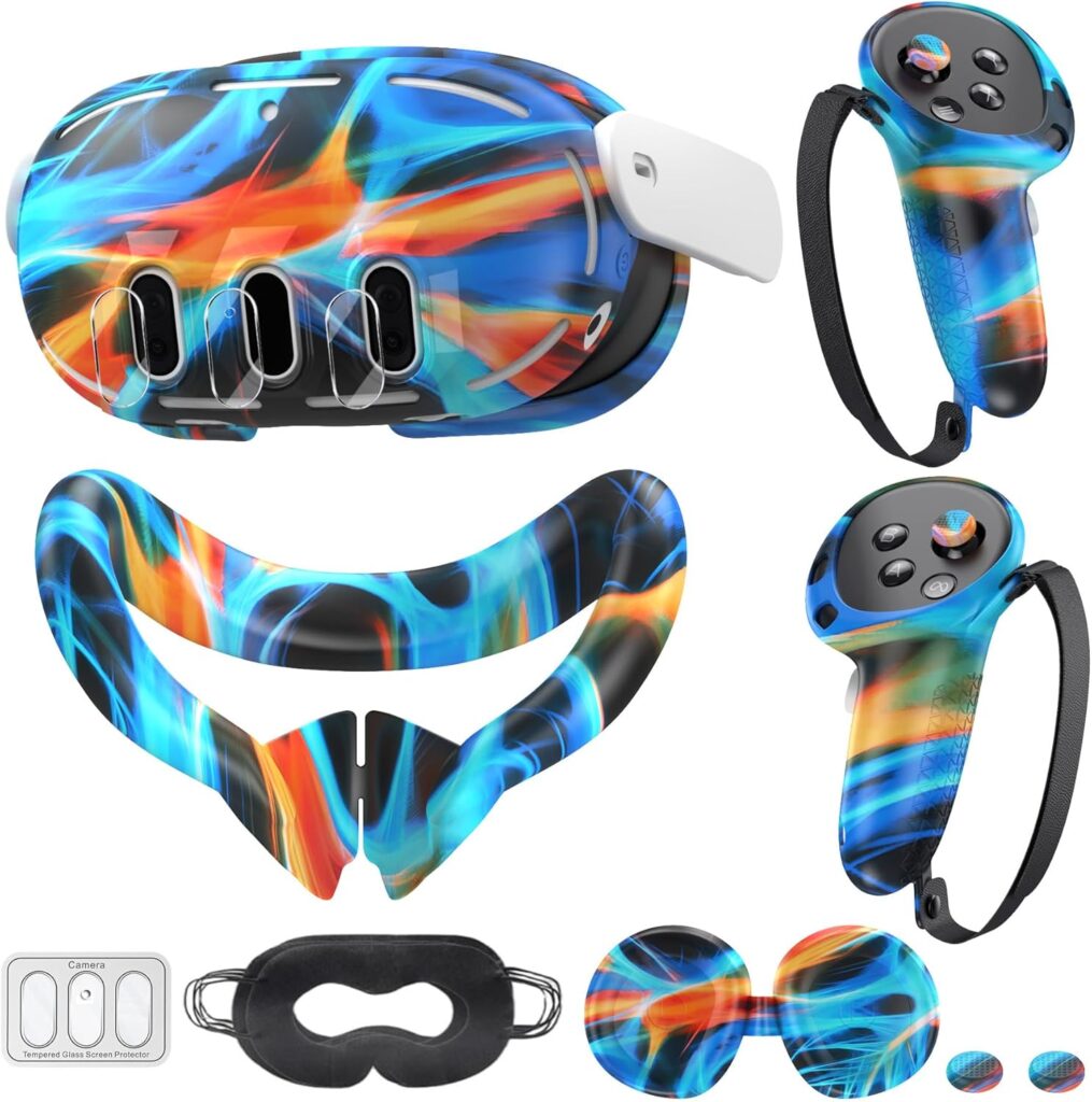 Compatible with Oculus Quest 3 Accessories, VR Silicone Face Cover, VR Shell Cover,Touch Controller Grip Cover,Camera Lens Protector Set (Aurora)