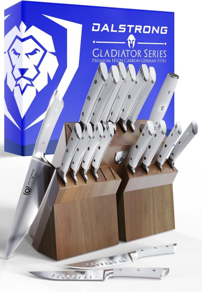 DALSTRONG Gladiator Series Elite-18pc Stainless Steel Knife Set with Block-High Carbon German Steel-Acacia Wood Block-Knife Set w/White Handles-NSF Certified-Men’s Valentines Gift
