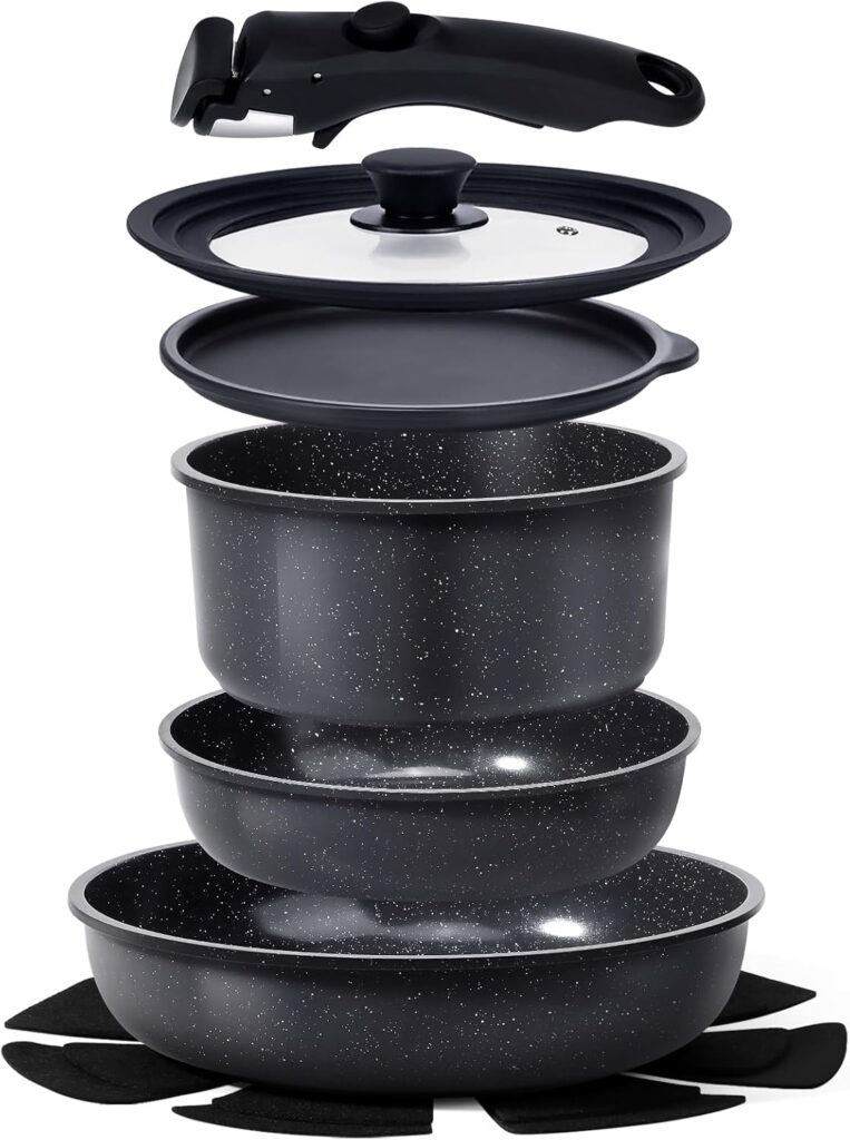 GiPP Ceramic Non Stick Pots and Pans Set,Nonstick Detachable Handle Cookware Sets,Healthy Non Toxic PFAS PFOA & PTFE Free, Dishwasher ＆Oven Safe, Induction Kitchen Pot and Pan, 8 Piece Grey