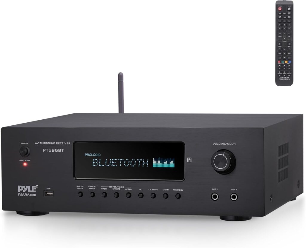 Pyle 1000W Bluetooth Home Theater Receiver – 5.2 Channel Surround Sound Stereo Amplifier System with 4K Ultra HD, 3D Video & Blu-Ray Video Pass-Through Support, HDMI/MP3/USB/AM/FM Radio, Black