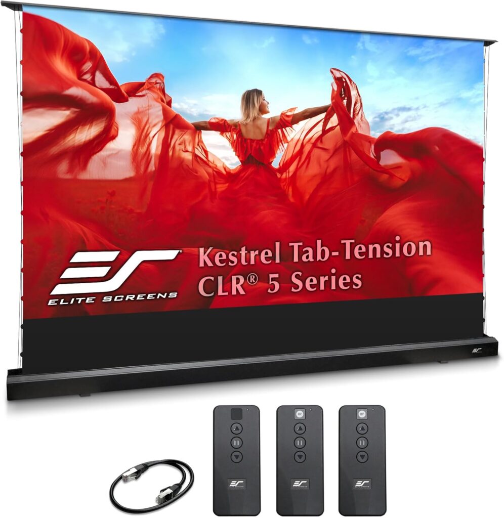 Elite Screens Kestrel Tab-Tension CLR5, 126″ Diag. 16:9, Ultra-Short Throw Ceiling Ambient Light Rejecting (CLR®/ALR) Electric Floor-Rising Projector Screen,Black Casing, FTE126H3-CLR5