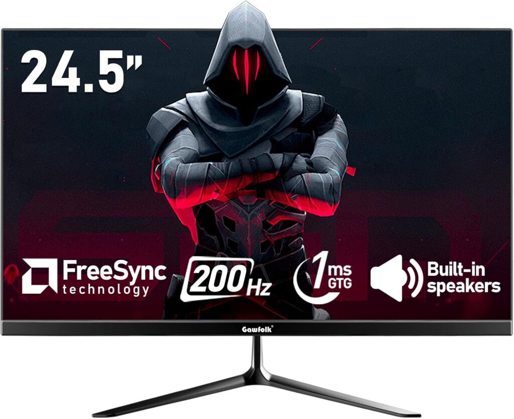 Gawfolk 24.5 Inch PC 200Hz Gaming Monitor, FHD 1080p screen, Built-in speakers,1ms without Bezel, freesync, 99% sRGB, 178 ° Angle View, HDMI、DisplayPort, Compatible with wall mounting 75*75MM – Black