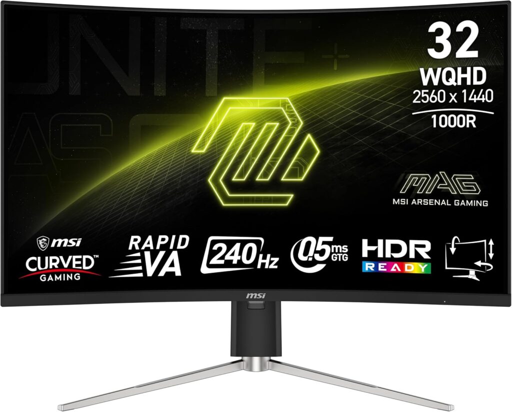 MSI MAG 325CQRXF E2 31.5-inch 2560 x 1440 (WQHD) Computer Monitor, 240Hz, Adaptive-Sync, HDMI, Display Port, VGA Port, VESA Mountable, Tilt, Height Adjustable, Speaker, 0.5ms, Black, Panel Type VA