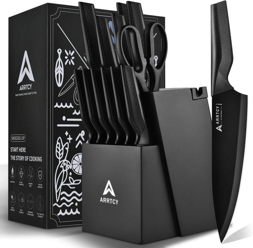Knife Set with Block – Kitchen Knife Set German High-Carbon Steel – 15-Piece with Built-in Sharpener & Dishwasher Safe – Ergonomic Anti-Slip Handles,Black,Gift Box Included