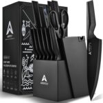 Knife Set with Block – Kitchen Knife Set German High-Carbon Steel – 15-Piece with Built-in Sharpener & Dishwasher Safe – Ergonomic Anti-Slip Handles,Black,Gift Box Included