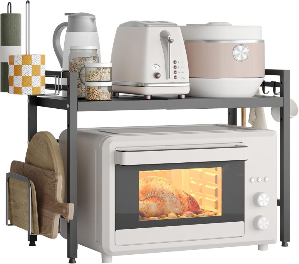 NETEL Expandable Microwave Stand,2 Tier Metal Kitchen Countertop Organizer Shelves with Paper Towel and Chopping Board Holder,Bakers Rack,Microwave Shelf,Microwave Oven Rack,55lbs Weight Capacity