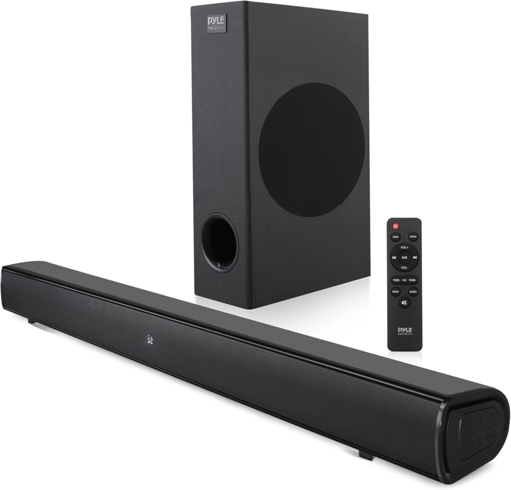 Pyle 2.1 Tabletop Soundbar Digital Speaker System – Digital Amplifier with DSP Streaming Tabletop Stand Mount TV Digital System with AUX/Optical in/USB in/HDMI (ARC)/Coaxial, LED Display