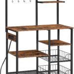 HOOBRO Large Bakers Rack with Power Outlets, 6-Tier Microwave Stand with 4 Hooks, Coffee Bar, Kitchen Shelf with Wire Basket, for Kitchen, Living Room, Office, Rustic Brown and Black BF64UHB01
