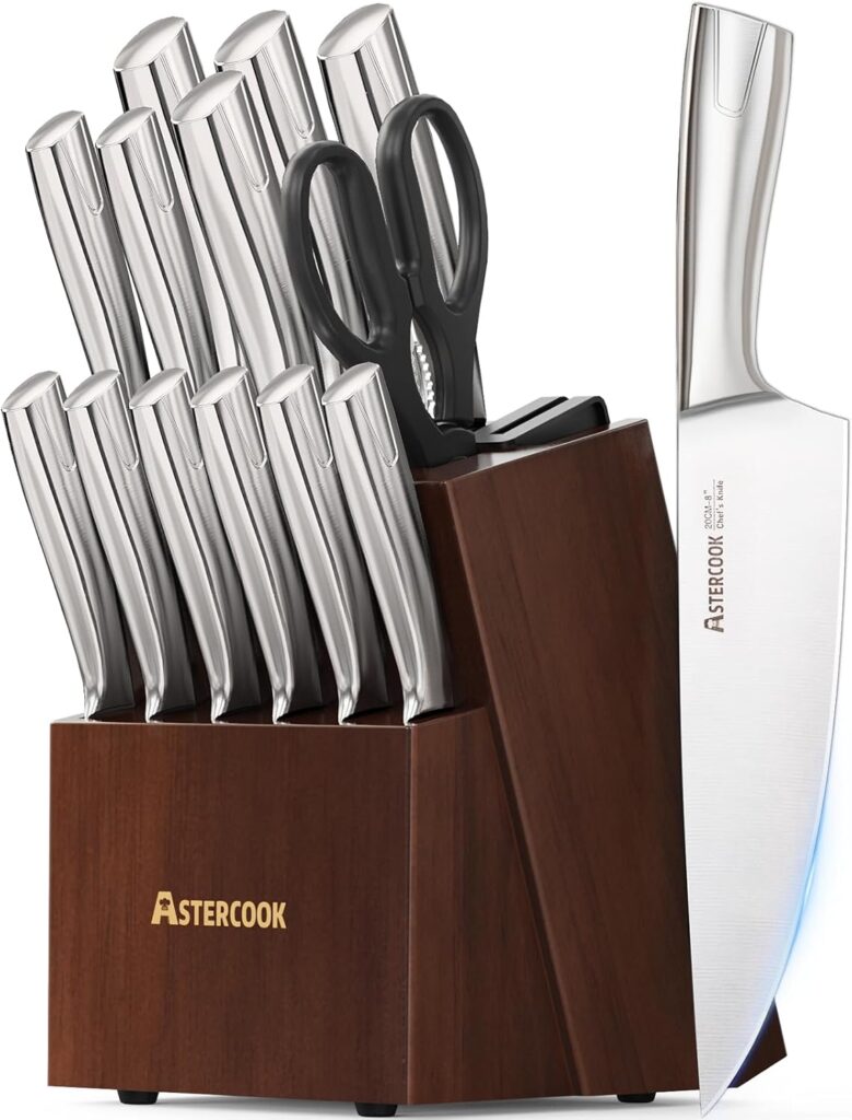 Astercook Knife Set, Kitchen Knives Set with Block and Sharpener Full Tang 15 Pcs Premium Stainless Steel Knives Ultra Sharp Blade Dishwasher Safe Knife Set with Anti-slip Ergonomic Handle, Walnut
