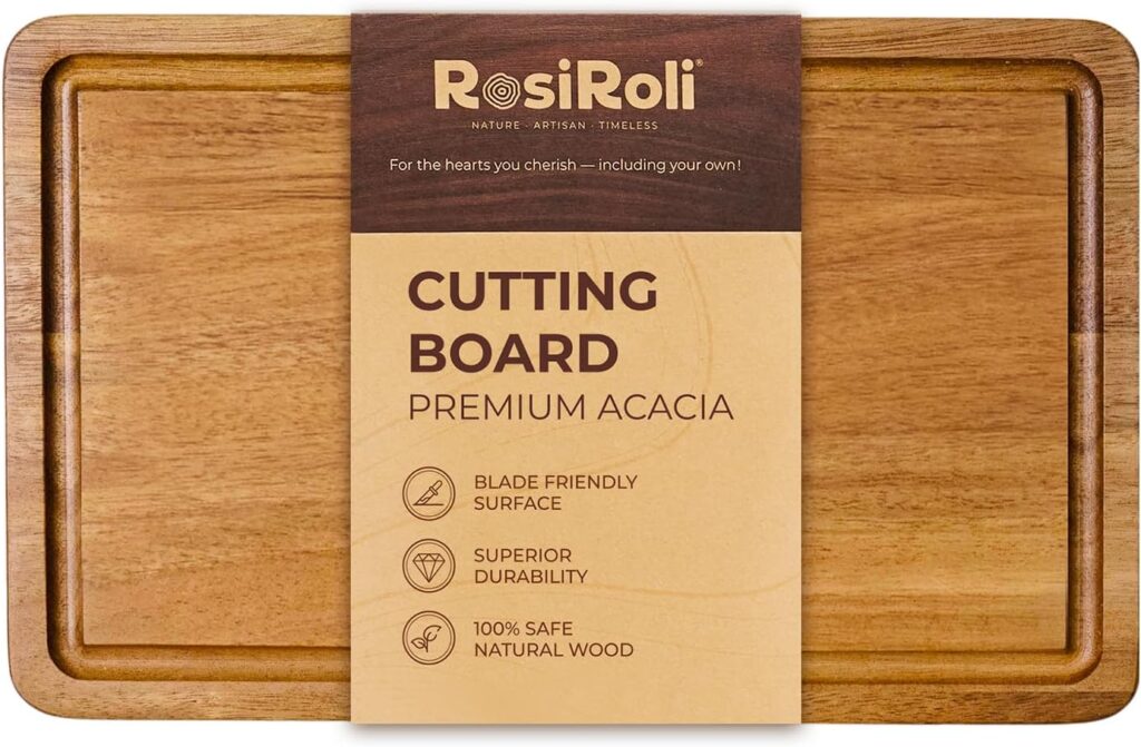 Acacia Wood Cutting Board for Kitchen – 0.8 inch Thick Wood Charcuterie Cheese Board with Side Handles and Juice Grooves, Wooden Chopping Block for Meat and Veggies, 11.5×7 inch