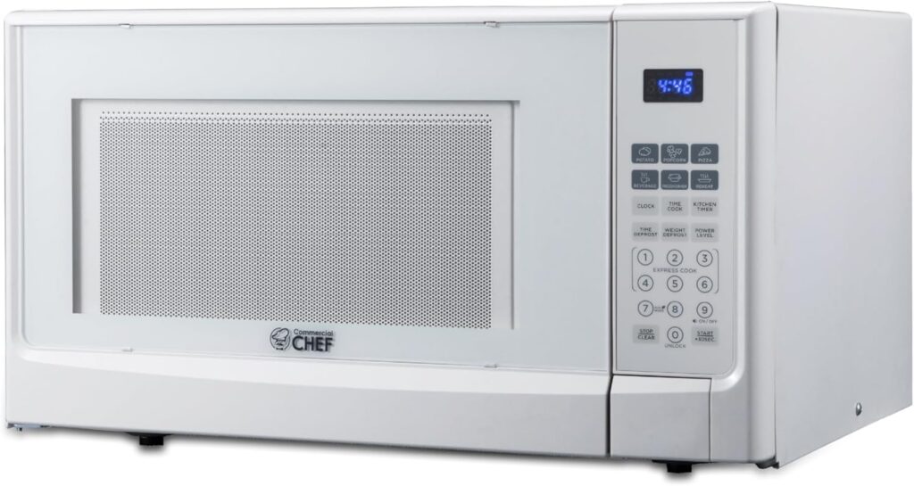 COMMERCIAL CHEF 1.4 Cubic Foot Microwave with 10 Power Levels, Small Microwave with Push Button, 1100 Watt Microwave with Digital Control Panels, Countertop Microwave with Timer, White