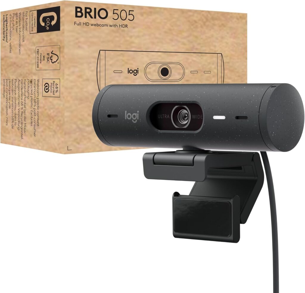 Logitech Brio 505 Full HD Webcam with auto Light Correction, auto-framing, Show Mode, Dual Noise Reduction mics, Privacy Shutter – Works with Microsoft Teams, Google Meet, Zoom, TAA Compliant