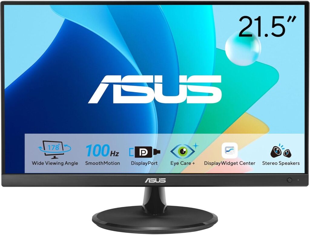 ASUS 22” Eye Care Monitor (VP229QF) – 100Hz, IPS, Full HD, 99% sRGB, Frameless, Adaptive-Sync, DisplayPort, HDMI, Low Blue Light, Flicker Free, Wall Mountable, 3 yr Warranty