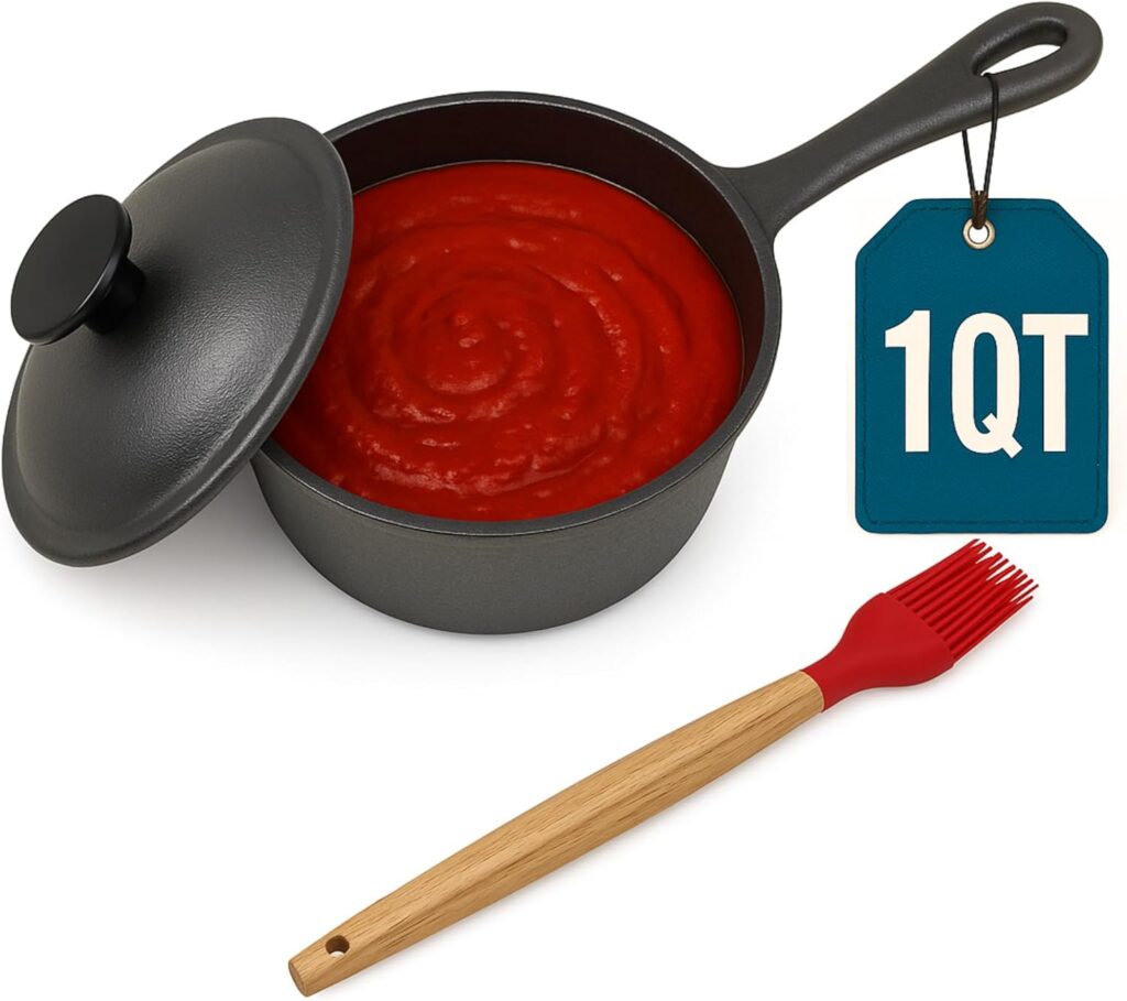 1 QT Cast Iron Sauce Pot with Lid & BBQ Brush for Basting, Melting, Simmering Sauce, Butter & Cheese – Built for Grilling, Smoking & Camping – Professional Grade – 932°F Max Heat – Built to Last Years