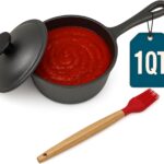 1 QT Cast Iron Sauce Pot with Lid & BBQ Brush for Basting, Melting, Simmering Sauce, Butter & Cheese – Built for Grilling, Smoking & Camping – Professional Grade – 932°F Max Heat – Built to Last Years
