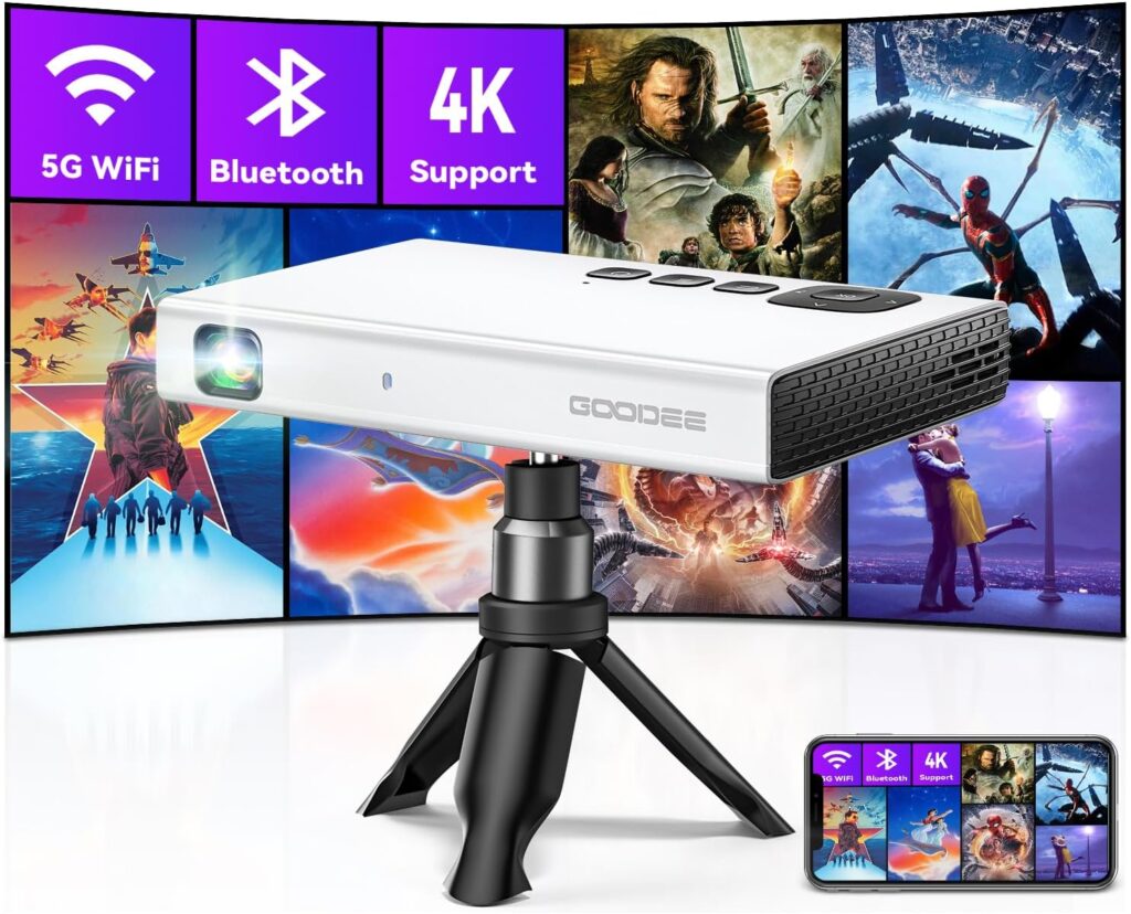 Mini Projector 4K, GooDee 1080P Support Pocket DLP Projector with WiFi and Bluetooth, Pico Portable Outdoor Movie Projector with Tripod&Bag, Video Rechargeable Battery Short Throw for iPhone/Android