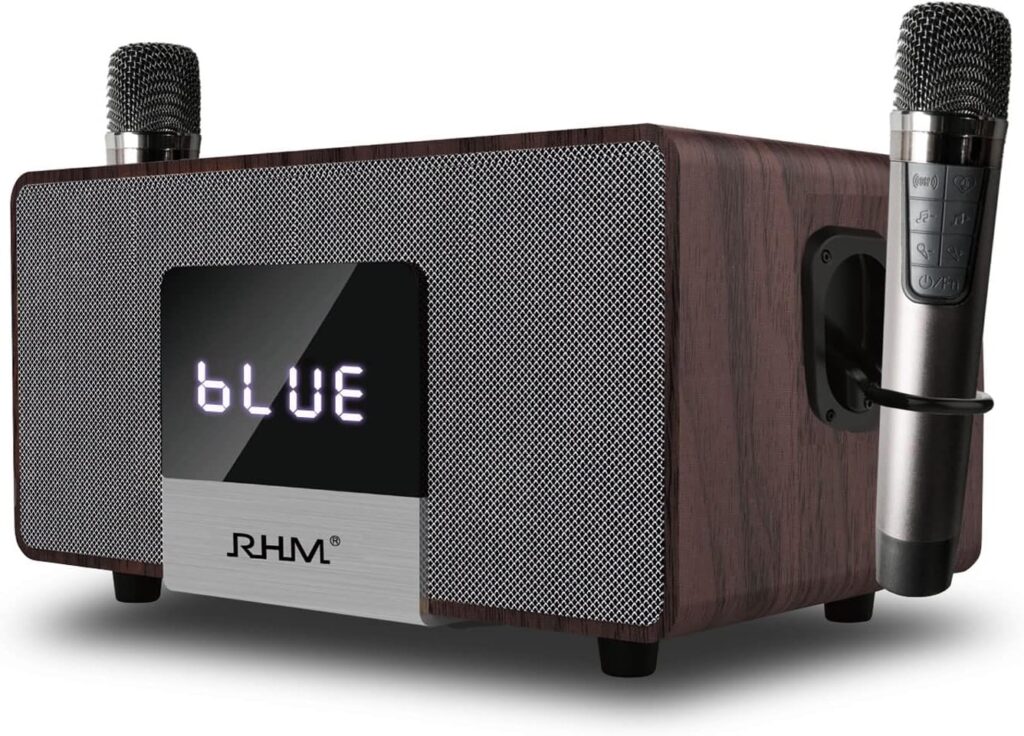 RHM K222 Karaoke Machine, Connect to TV via Optical & Bluetooth, with Powerful Sound, Deep Bass & 2 UHF Wireless Mics, Support AUX/USB/PC, Wooden Karaoke System for Home, Singing Party, Christmas