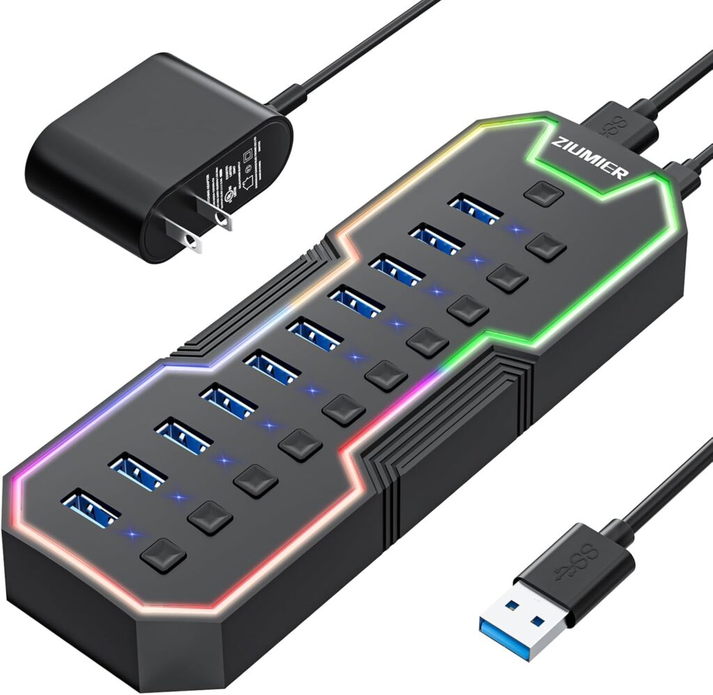 ZIUMIER Powered USB Hub, 10 Ports USB 3.0 Hub with RGB LED Strip and 12V/2A Power Adapter USB Extension,Individual LED On/Off Switches for Mac, PC, Desktop, Flash Drive, Mobile HDD