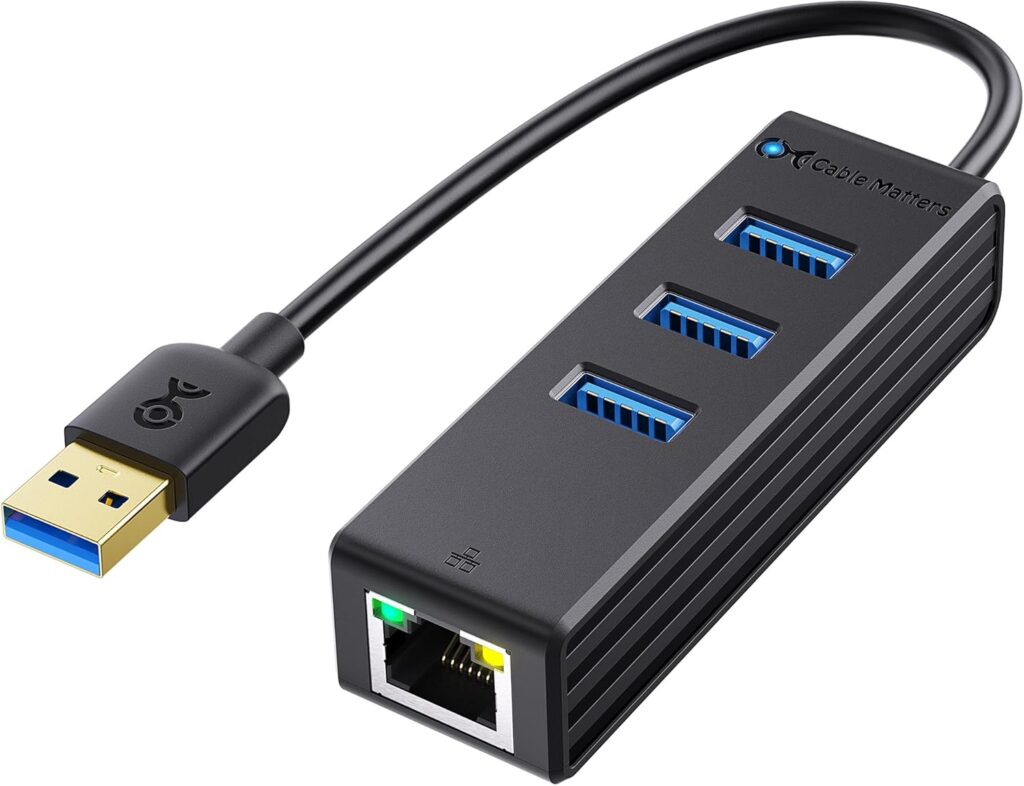 Cable Matters 4-in-1 USB Hub with Ethernet, Support Gigabit Network (USB 3.0 Hub Ethernet) with 10/100/1000Mbps Network, 3X 5Gbps USBA Ports in Black