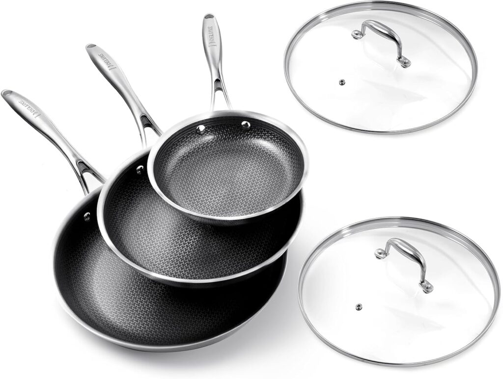 DELUXE Hybrid Ceramic Nonstick 5-Piece Fry Pan Set,8,10,12 Inch Frying Pans with Tempered Glass Lids,Stay-Cool Handles, Dishwasher Safe, Works on All Stovetops (Induction, Gas, Electric)
