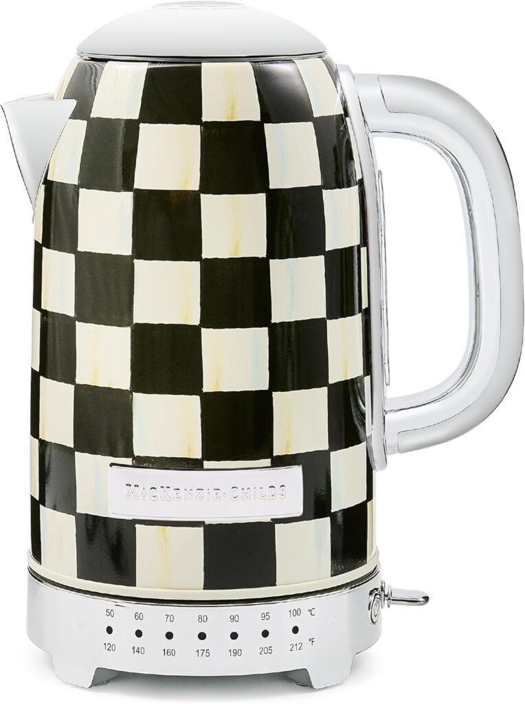 MACKENZIE-CHILDS Electric Kettle, Stainless-Steel Tea Kettle, Black-and-White Courtly Check