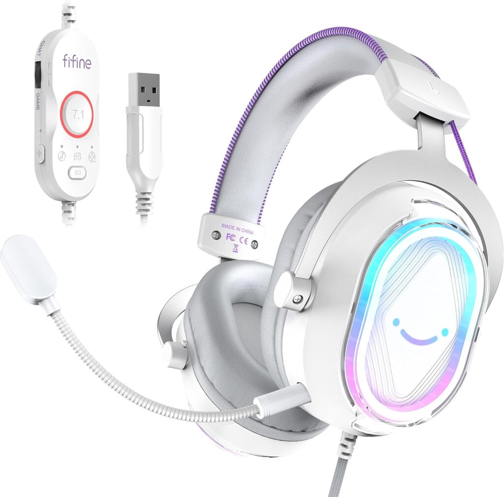 FIFINE USB Gaming Headset: Flowing RGB Lighting – 7.1 Surround Sound – Detachable Mic – Soft Ear Pads, Over-Ear Headset with Control Box, for PC, Laptop, Mac, PS5/PS4 – AmpliGame H13WP (White&Purple)
