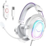 FIFINE USB Gaming Headset: Flowing RGB Lighting – 7.1 Surround Sound – Detachable Mic – Soft Ear Pads, Over-Ear Headset with Control Box, for PC, Laptop, Mac, PS5/PS4 – AmpliGame H13WP (White&Purple)