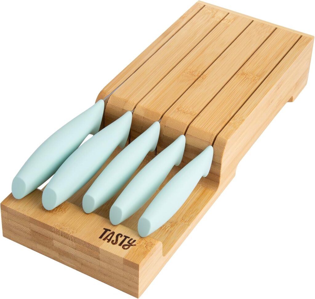 Tasty In-Drawer Kitchen Knife Set, Space-Saving Cutlery and Kitchen Organizer, Includes Chef, Bread, Santoku, Utility and Paring Knives, 6-Piece, Aqua