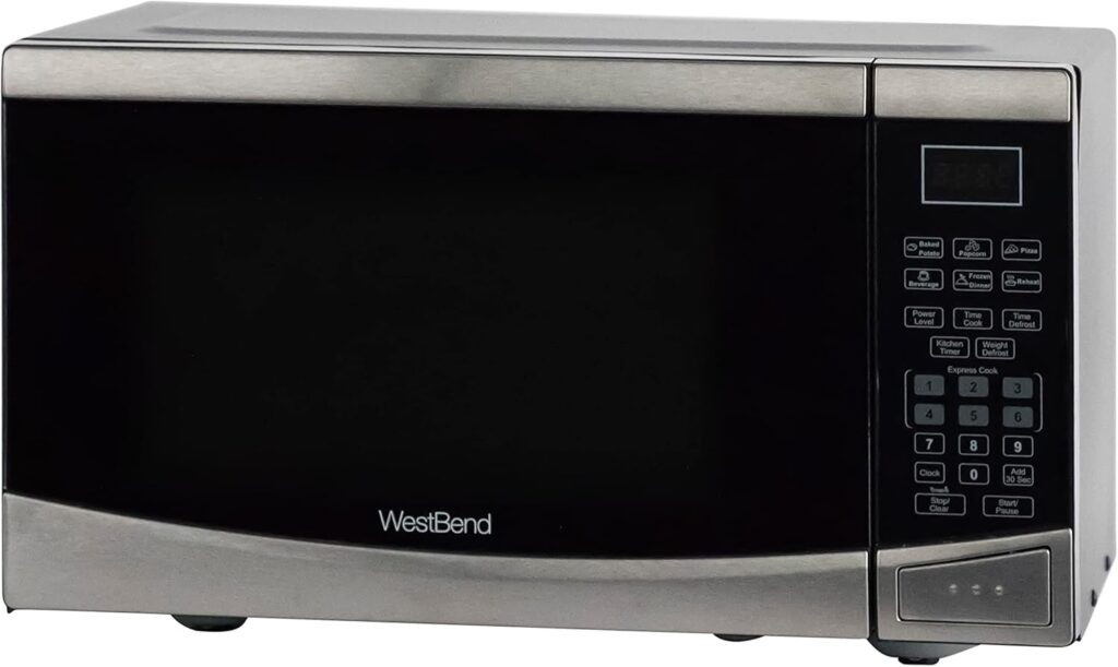 West Bend WBMW92S Microwave Oven 900-Watts Compact with 10 Power Levels and 6 Pre Cooking Settings, Speed Defrost, Electronic Control Panel and Glass Turntable, 0.9-Cu.Ft, Stainless Steel
