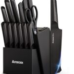 Astercook Knife Set, 15 Pieces Kitchen Knife Sets with Block and Built-in Knife Sharpener, German Stainless Steel Handle One-Piece Design Knives Block Set Dishwasher Safe, Black