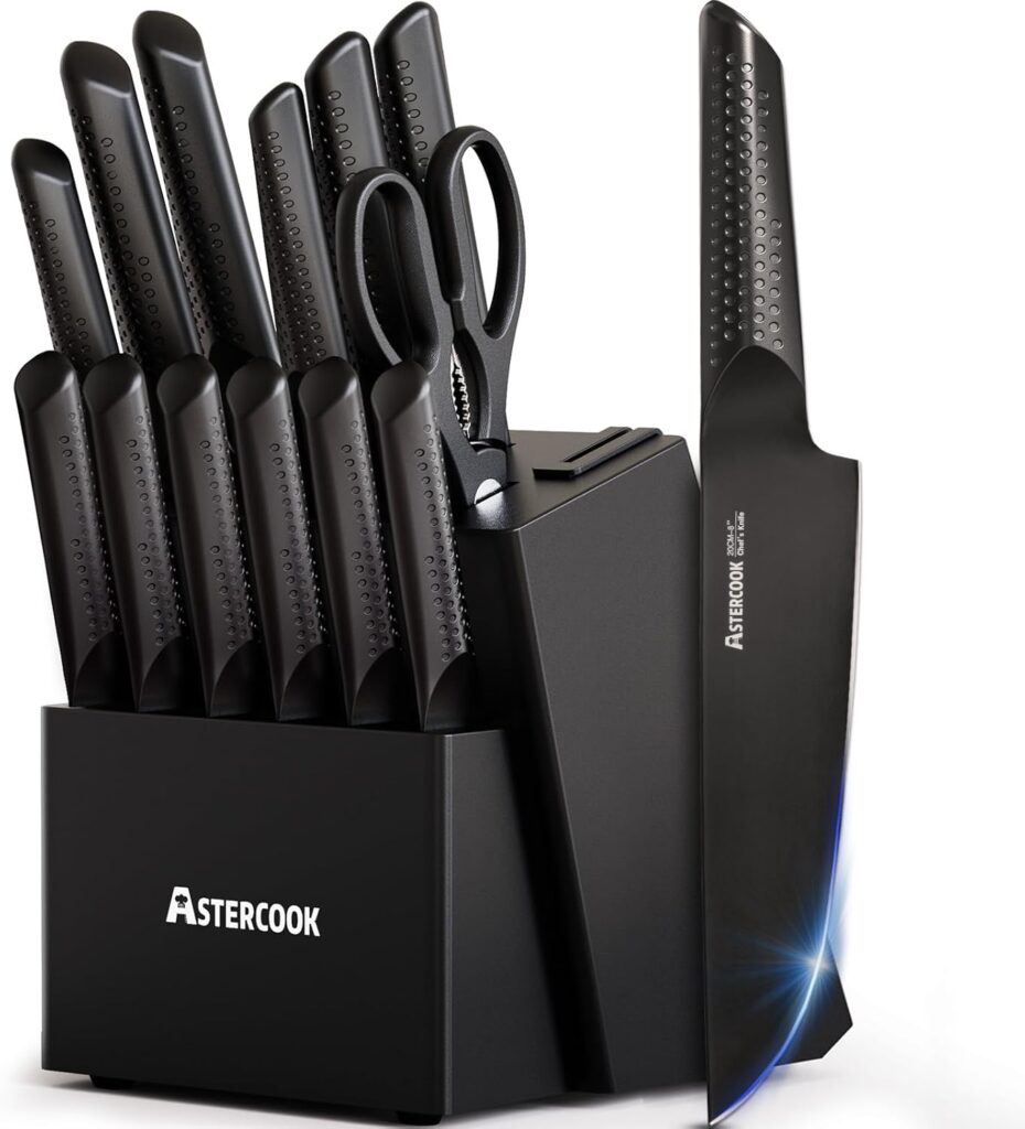 Astercook Knife Set, 15 Pieces Kitchen Knife Sets with Block and Built-in Knife Sharpener, German Stainless Steel Handle One-Piece Design Knives Block Set Dishwasher Safe, Black