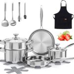 Stainless Steel Cookware Set, 16-Piece Pots and Pans Set Non Toxic, Kitchen Induction Cookware with Glass Lids, Steamer, Utensil Sets, Pot Protectors & Apron, Oven & Dishwasher Safe, Silver