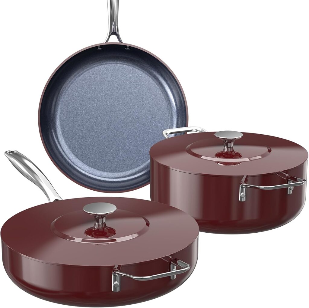 Nuwave Essential Series 5PC Ceramic Cookware Set PFAS-Free, G11 Duralon Blue Coating, Pots and Pans Set Non Stick, Diamond Scratch-Resistant,Stay-Cool Handle, Metal Lid,Induction Ready,Dishwasher Safe
