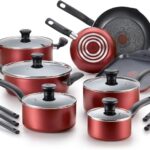 T-fal Initiatives Nonstick Cookware Set 18 Piece, Oven Broiler Safe 350F, Kitchen Cooking Set w/Fry Pans, Saucepans, Saute Pan, Dutch Oven, Griddle, Pots and Pans, Home, Dishwasher Safe, Red