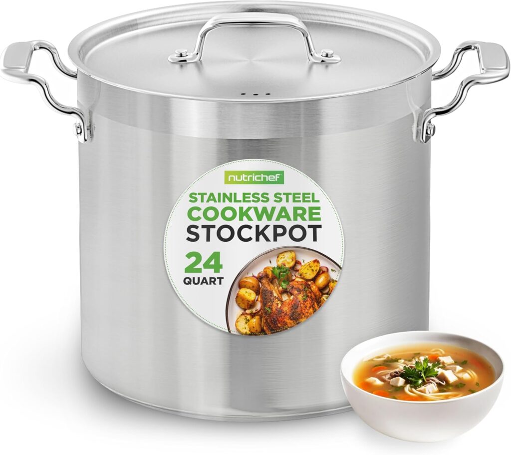 NutriChef Stainless Steel Cookware Stock Pot – 24 Quart, Heavy Duty Induction Soup Pot With Lid, Induction, Ceramic, Glass and Halogen Cooktops Compatible – NCSPT24Q