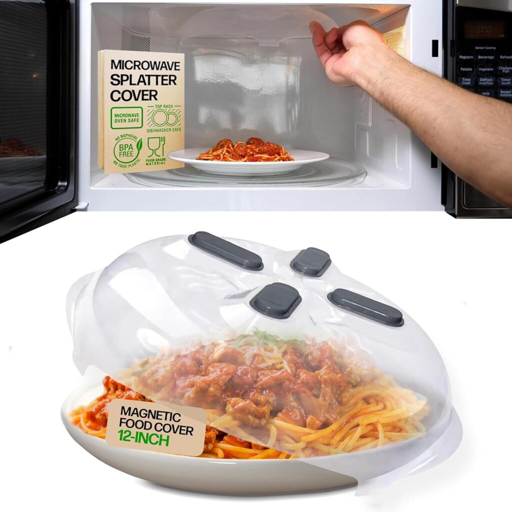 HOVER COVER Magnetic Splatter Cover, 12-Inch Clear BPA-Free Food Lid, Vented Plate Guard with Steam Vents, Anti-Splash Microwave Lid, Dishwasher Safe, Space-Saving Magnetic Storage – Graphite