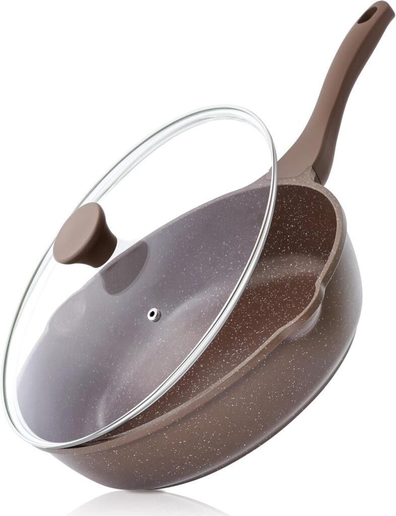 SENSARTE Nonstick Deep Frying Pan Skillet, 12-inch Saute Pan with Lid, Stay-Cool Handle, Healthy Cookware Cooking Pan with Cover, Induction Compatible (Toffee Brown)