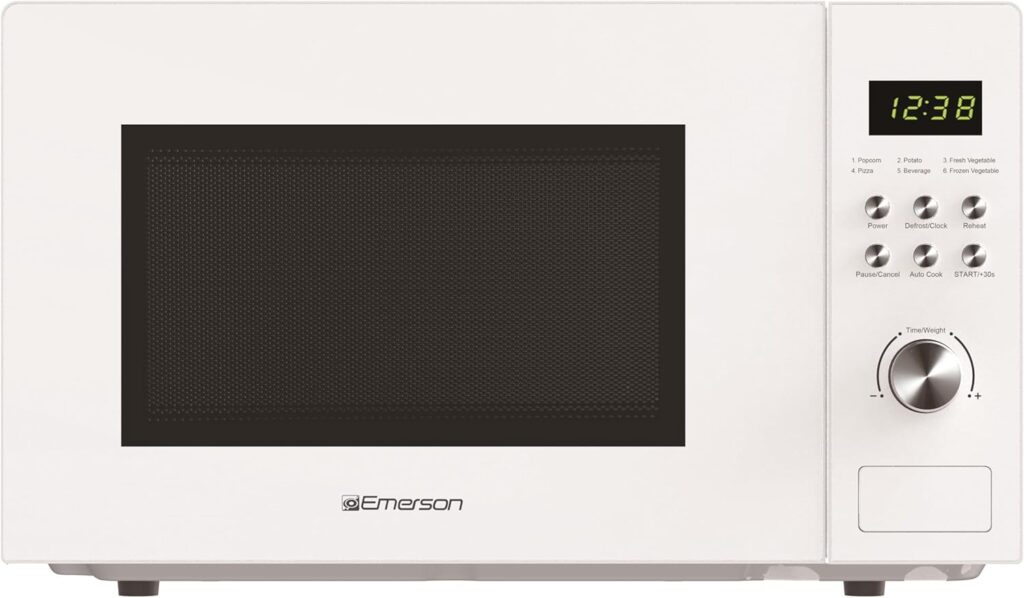 Emerson MW1101W Microwave Oven with Timer & LED Display 1000W, 10 Power Levels, 6 Pre-Programmed Settings, Removable Glass Turntable with Child Safe Lock, 1.1 Cu. Ft, White