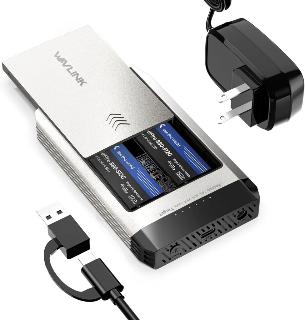 WAVLINK M.2 SSD Cloner, 20Gbps NVMe Cloner Dual-Bay SSD Enclosure, Tool-Free M.2 Duplicator for SSDs PCIe Sizes 2230/2242/2260/2280, Supports Offline Clone, Compatible with NVMe and AHCI, up to 8TB