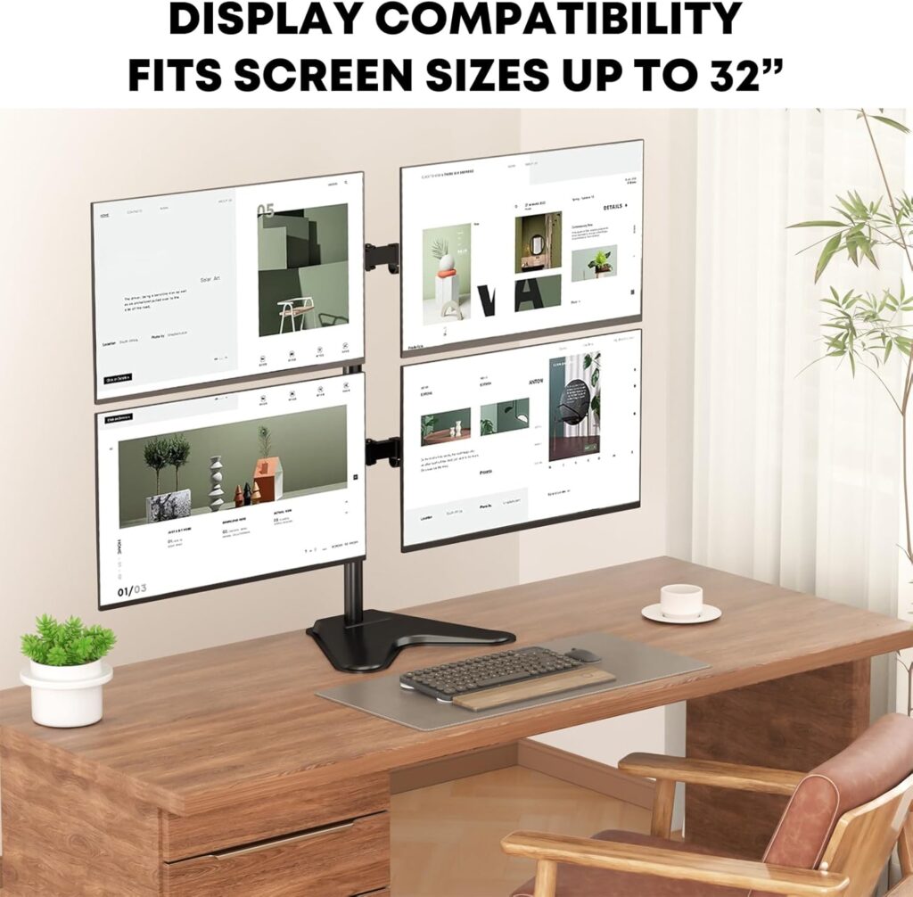 PUTORSEN Quad Monitor Stand, 4 Monitor Mount for 13 to 32 inch Screens, Holds up to 19.8lbs Each, Fully Adjustable, Black