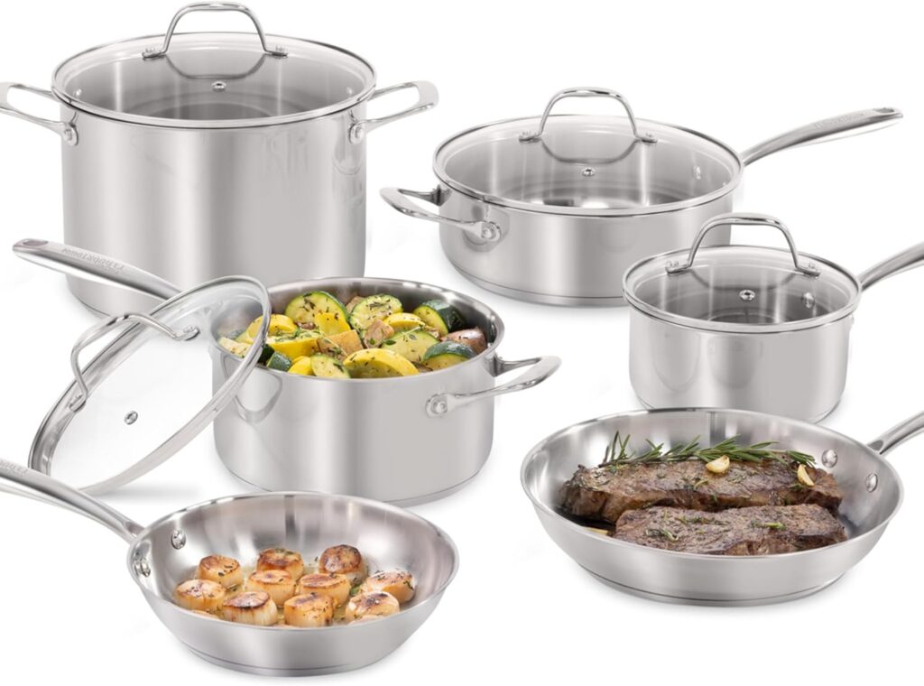 Guy Fieri’s Flavortown 10-Piece Stainless Steel Cookware Set – Includes Frying Pans, Saucepans, Saute Pan and Stock Pot – Pots and Pans, Oven-Safe up to 500F