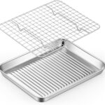 TeamFar Toaster Oven Pan with Cooling Rack, Stainless Steel Mini Baking Tray for Compact Toaster Oven, 9 Inch, Corrugated Bottom & Grid Mesh, Healthy & Heavy-Duty, 1 Pan + 1 Rack
