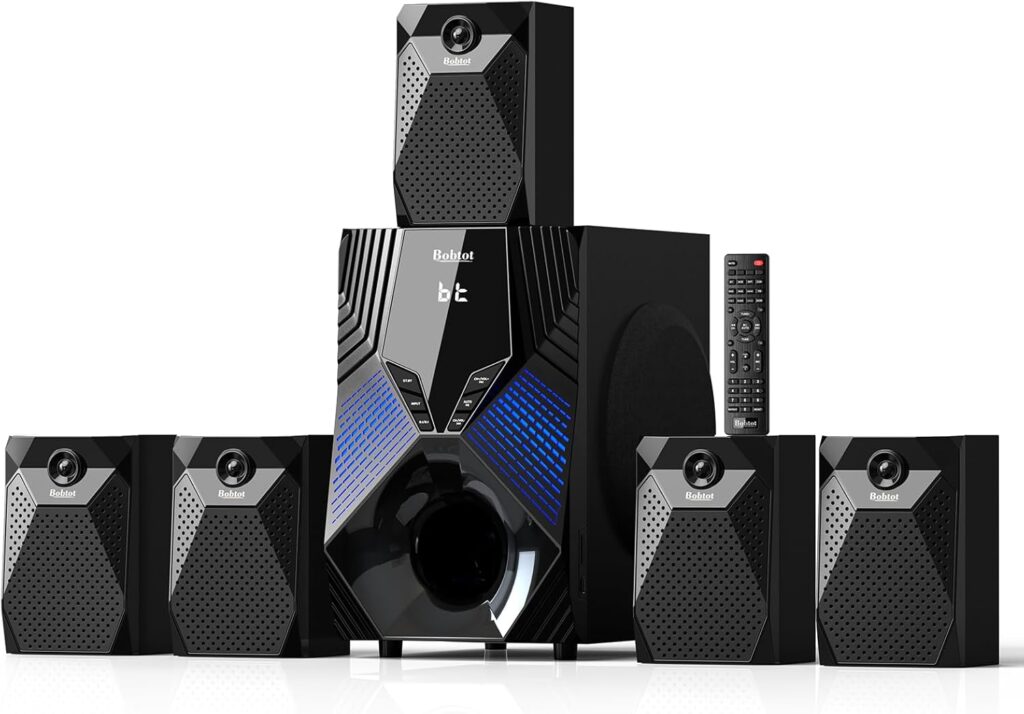Bobtot Home Theater System, 1000 Watts Peak Power Surround Sound Systems 5 Wired Satellite Audio Speakers 8″ Subwoofer 5.1/2.1 Channel Deep Bass with HDMI ARC Optical Bluetooth AUX Input